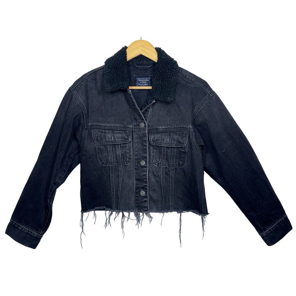 Abercrombie & Fitch Black Denim Cropped Fur Sherpa Collar Jacket Coat Womens S